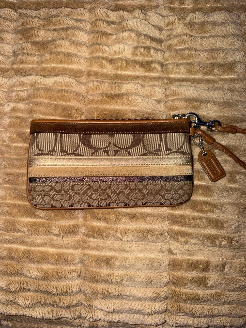Coach Signature Stripe Patchwork Wristlet in Brown and Tan